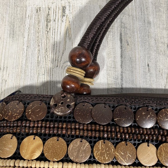 Handmade Coco Bead Shoulder Bag Brown Tan Boho Artsy Eclectic Beachy Resort Wear - Picture 3 of 8